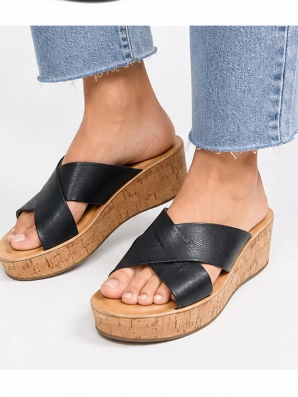 Kork-Ease Black Leather Cork Wedge Slide